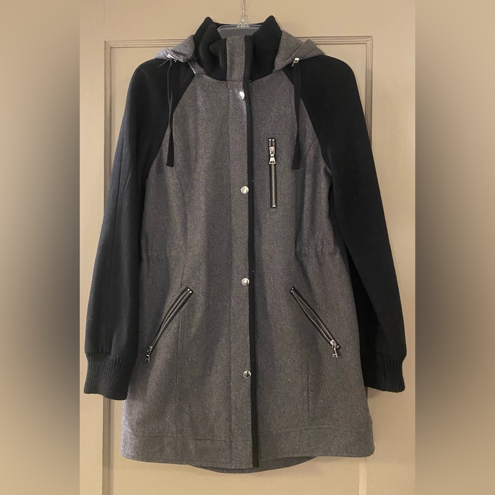 EXPRESS women’s wool blend color block walking coat with removable hood
